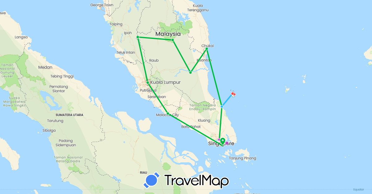 TravelMap itinerary: driving, bus, train, hiking, boat in Malaysia, Singapore (Asia)